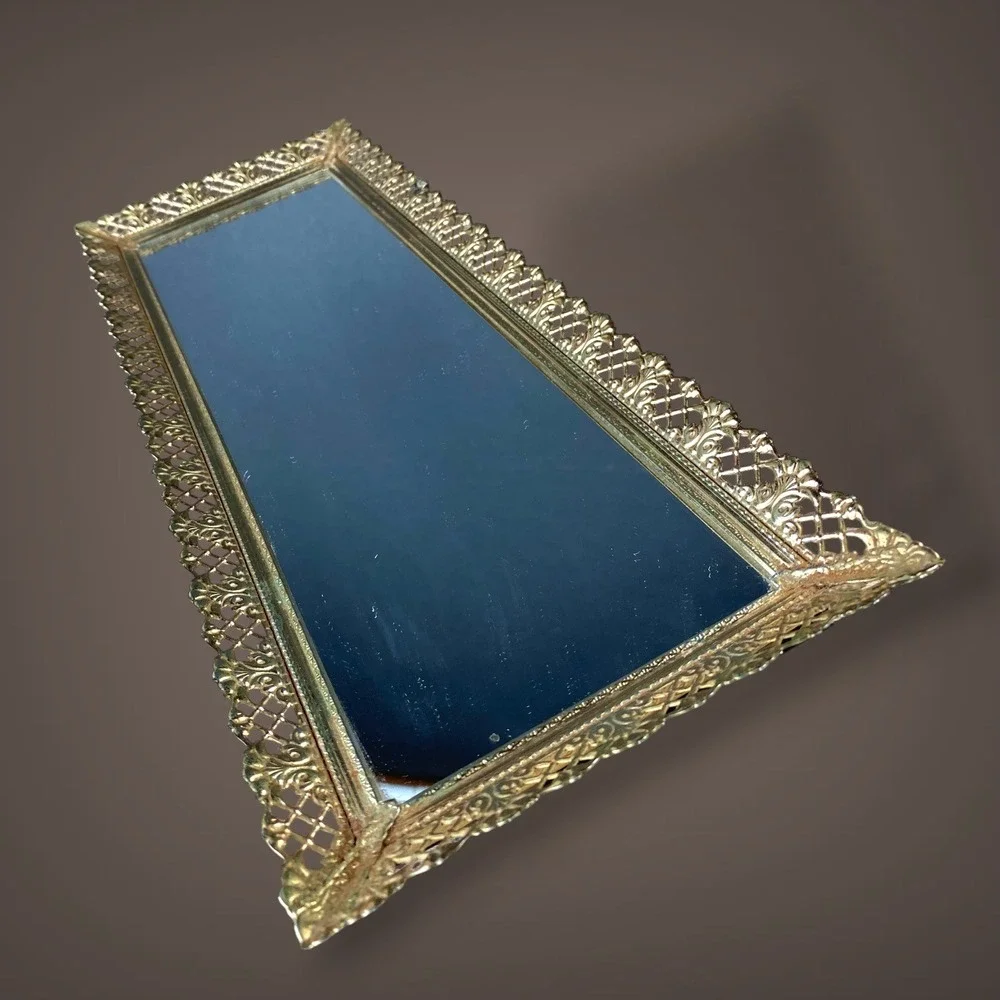 Gold Filigree Mirrored Vanity Tray Footed Hollywood Regency 1960s